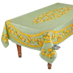 60x 96" Rectangular Lemons Green Acrylic-Coated Cotton Tablecloth By Tissus Toselli Table Linens