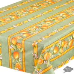 60x138" Rectangular Lemons Green Acrylic-Coated Cotton Tablecloth By Tissus Toselli Table Linens