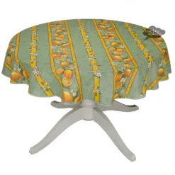 58" Round Lemons Green Tablecloth By Tissus Toselli