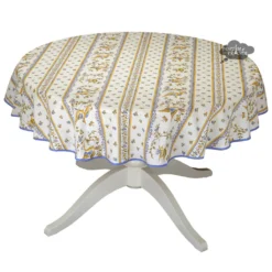 58" Round Moustiers Blue & Cream Acrylic-Coated Cotton Tablecloth By Tissus Toselli Table Linens
