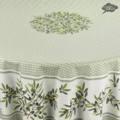 70" Round Nyons Green Acrylic-Coated Cotton Tablecloth By Tissus Toselli Table Linens