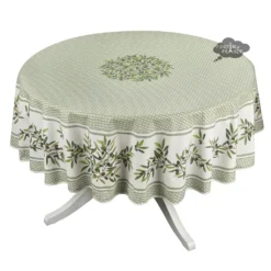 70" Round Nyons Green Acrylic-Coated Cotton Tablecloth By Tissus Toselli Table Linens