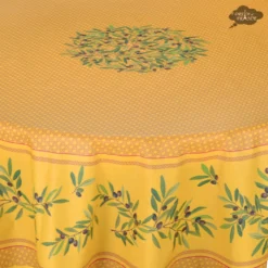 90" Round Nyons Yellow & Red Acrylic-Coated Cotton Tablecloth By Tissus Toselli Table Linens