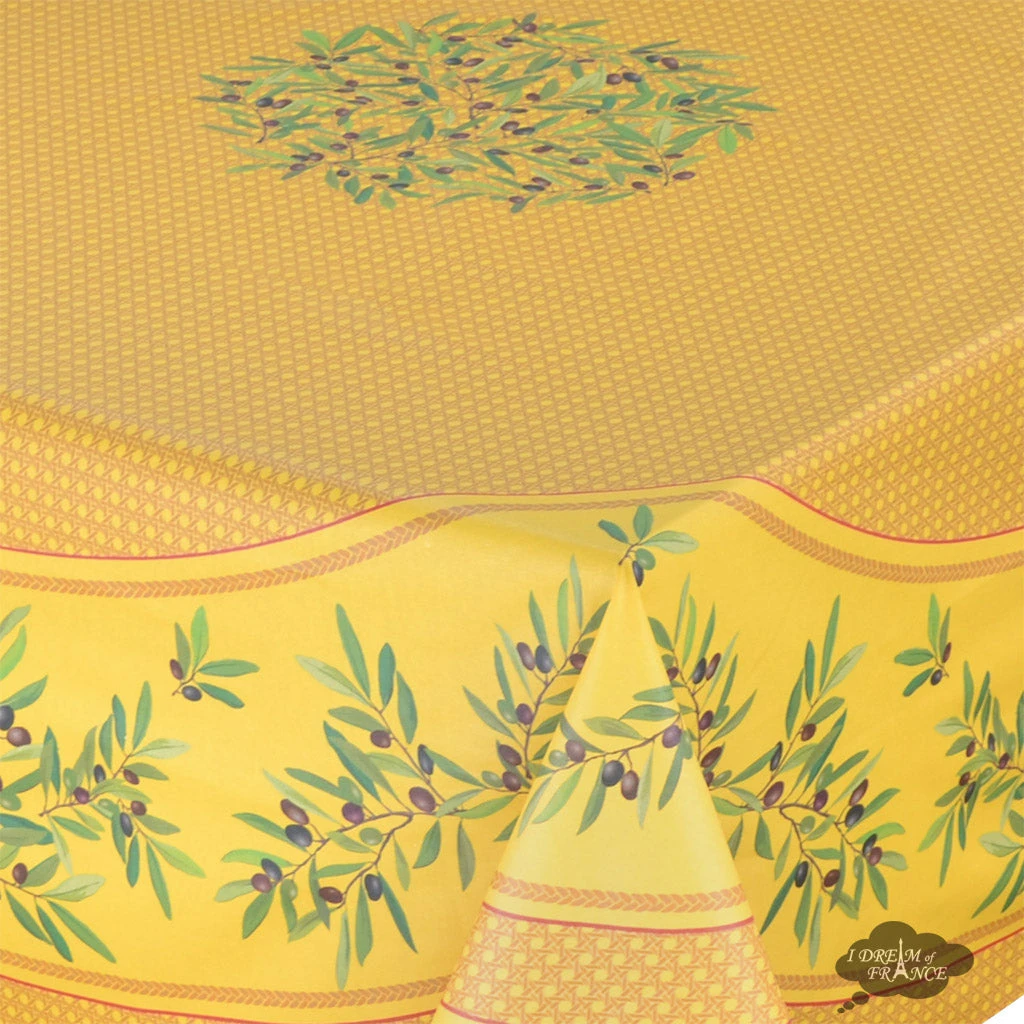 Table Linens 70" Square Nyons Yellow & Red Acrylic-Coated Cotton Tablecloth By Tissus Toselli