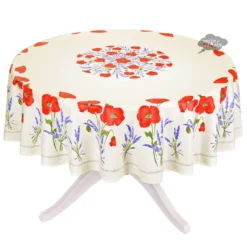 90" Round Poppies Cream Acrylic-Coated Cotton Tablecloth By Tissus Toselli Table Linens
