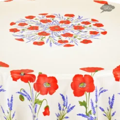 70" Round Poppies Cream Acrylic-Coated Cotton Tablecloth By Tissus Toselli Table Linens