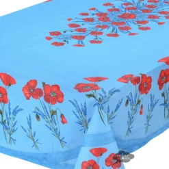 Table Linens 60x96" Rectangular Poppies Sky Blue Coated Cotton Tablecloth By Tissus Toselli
