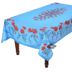 Table Linens 60x96" Rectangular Poppies Sky Blue Coated Cotton Tablecloth By Tissus Toselli