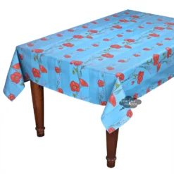 60x78" Rectangular Poppies Sky Blue Acrylic-Coated Cotton Tablecloth By Tissus Toselli Table Linens