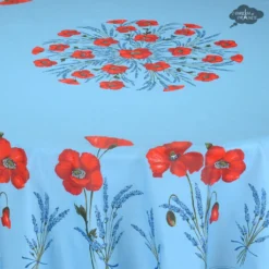 Table Linens 70" Round Poppies Sky Blue Acrylic-Coated Cotton Tablecloth By Tissus Toselli