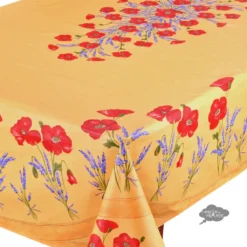 60x96" Rectangular Poppies Yellow Acrylic Coated Cotton Tablecloth By Tissus Toselli
