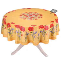 90" Round Poppies Yellow Acrylic-Coated Cotton Tablecloth By Tissus Toselli