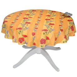 Table Linens 58" Round Poppies Yellow Acrylic-Coated Cotton Tablecloth By Tissus Toselli