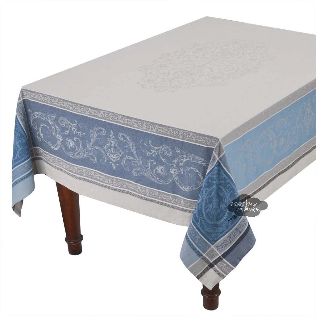 62x98" Rectangular Versailles Gray & Blue French Jacquard Tablecloth By Tissus Toselli